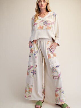 EASEL FLORAL PRINT MIX WASHED TERRY PANTS AND TOP 100% COTTON